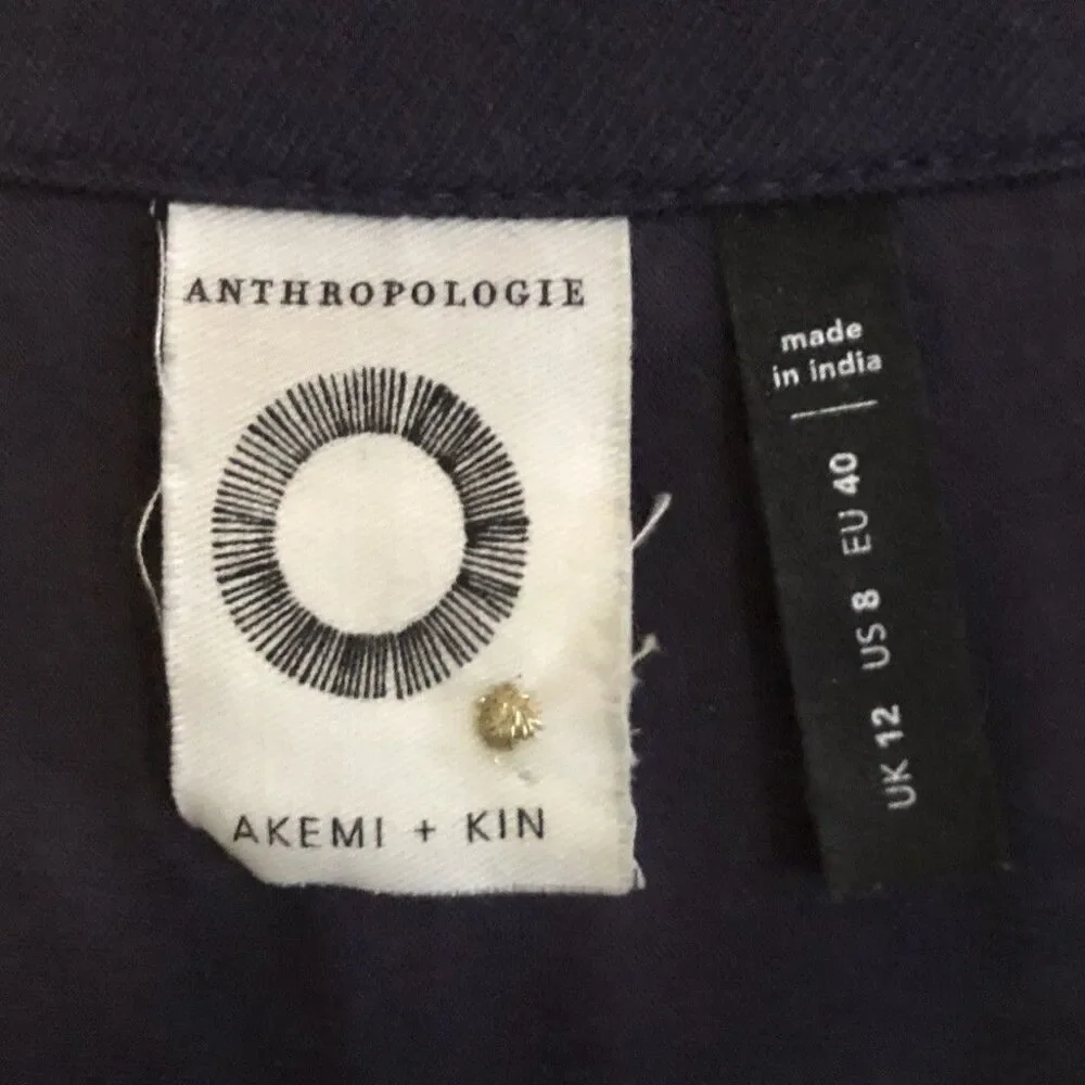 Anthropologie Akemi + Kin Tessa Dress Womens Sz 8 Navy Embroided Boho Festival